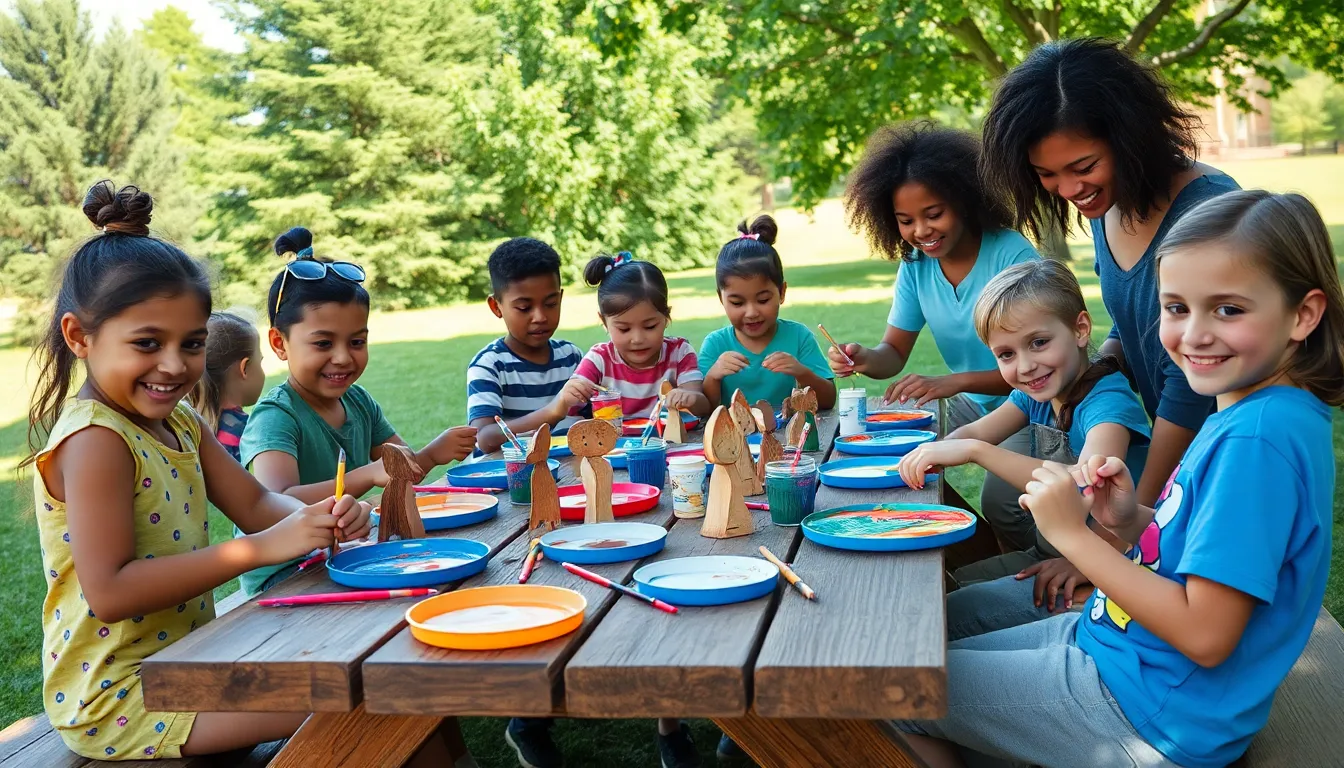 children enjoying summer camp crafts outdoors.