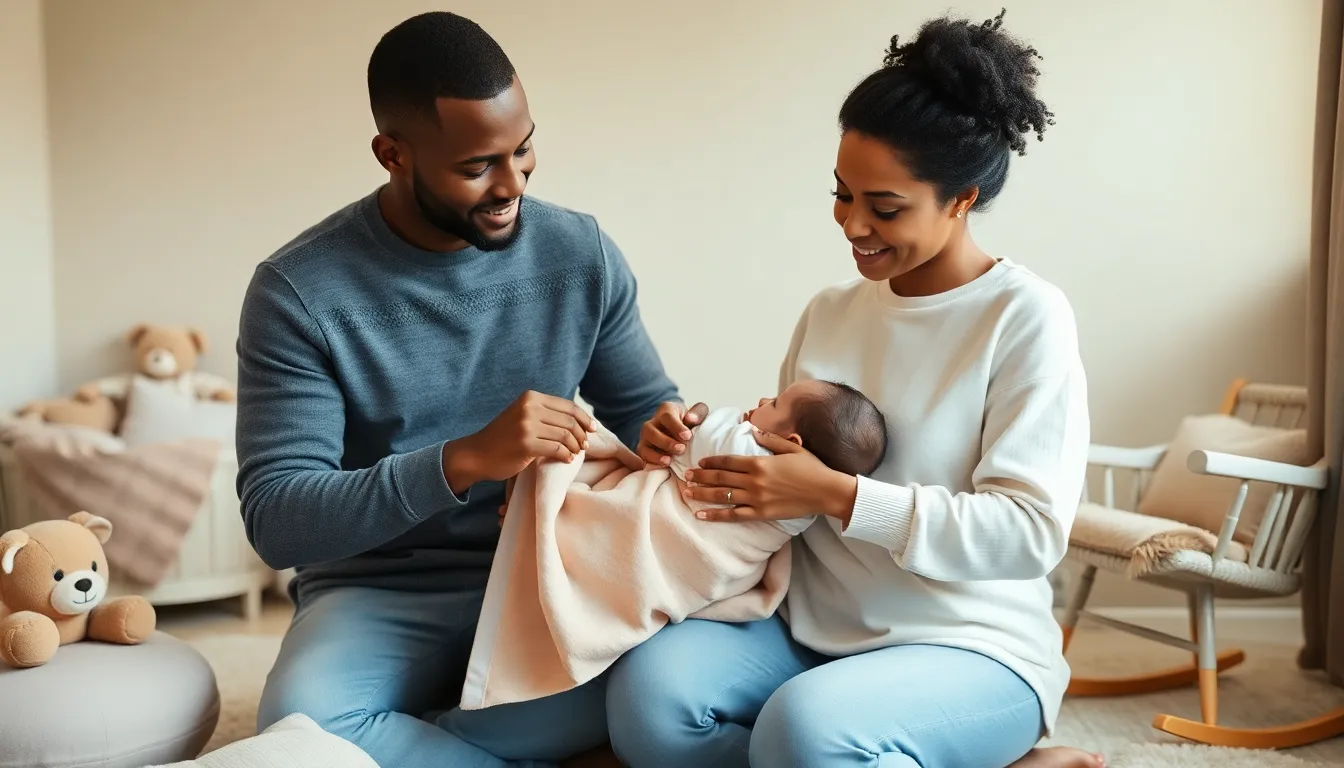 parents swaddling their newborn in a cozy nursery.