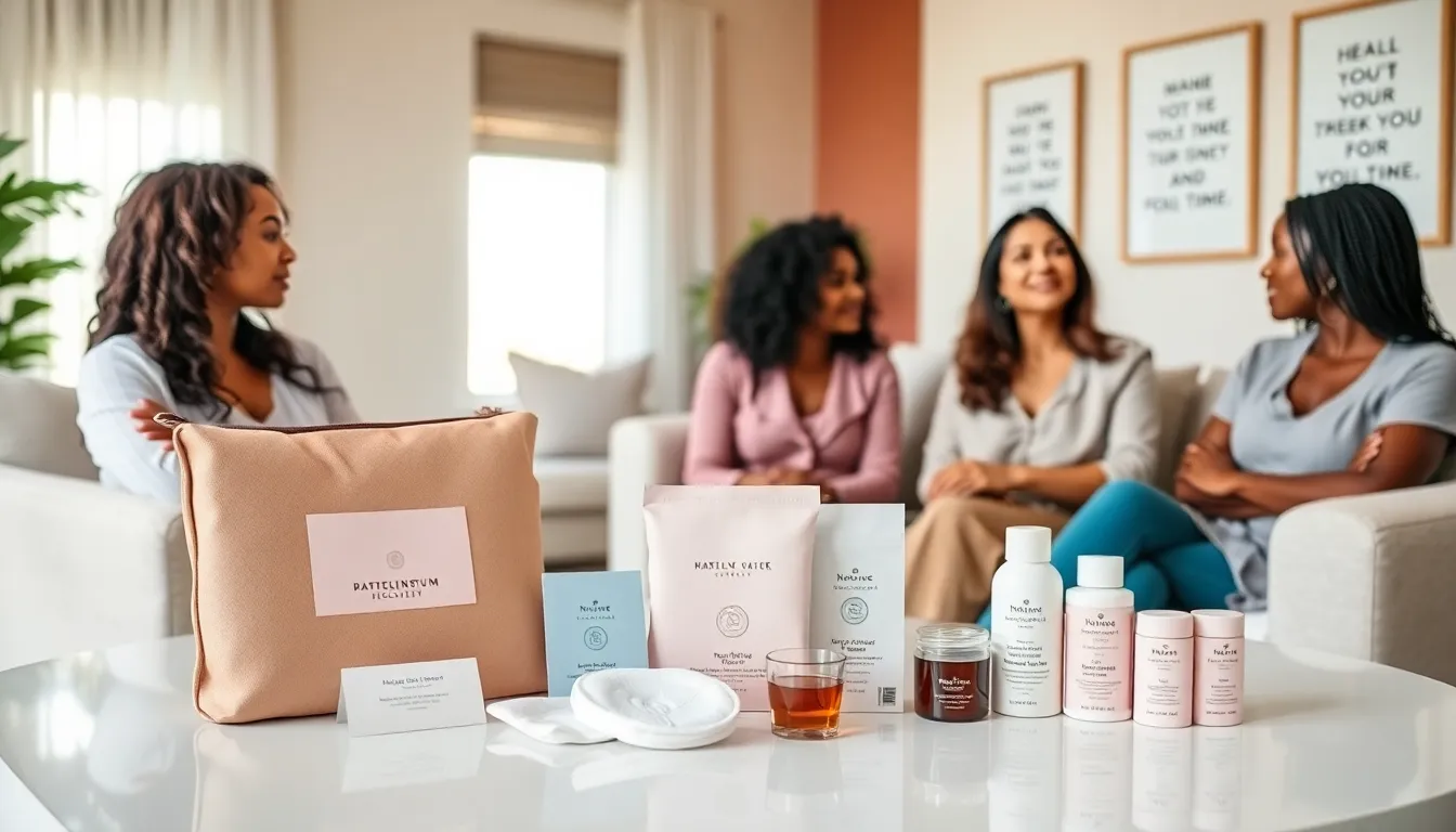 Postpartum recovery kit with items for emotional and physical healing.