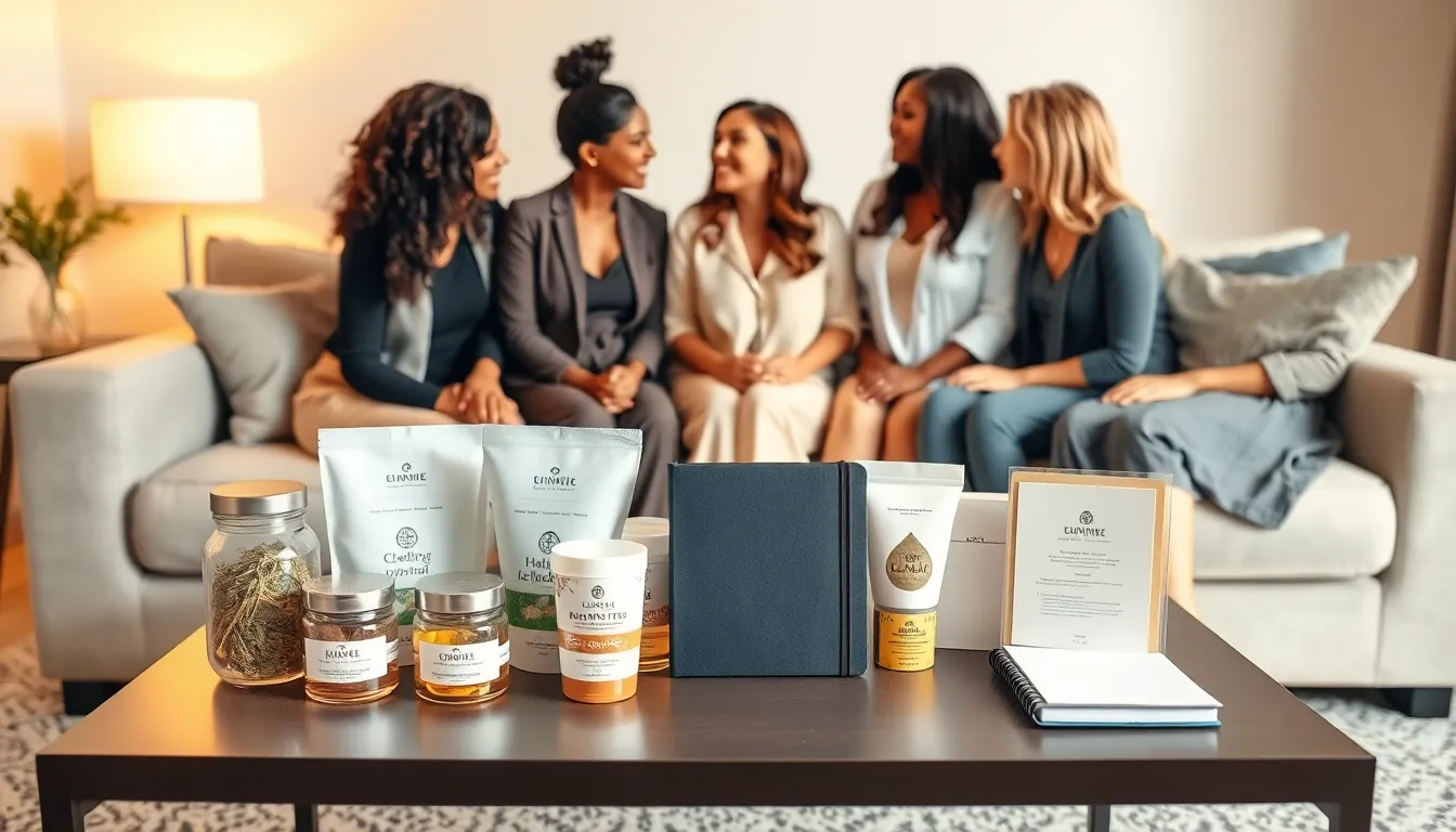 a diverse group of women discussing a postpartum recovery kit.