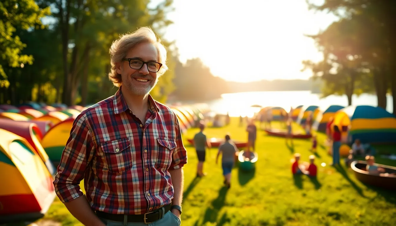 A camp owner walking through a lively summer camp by the lake.