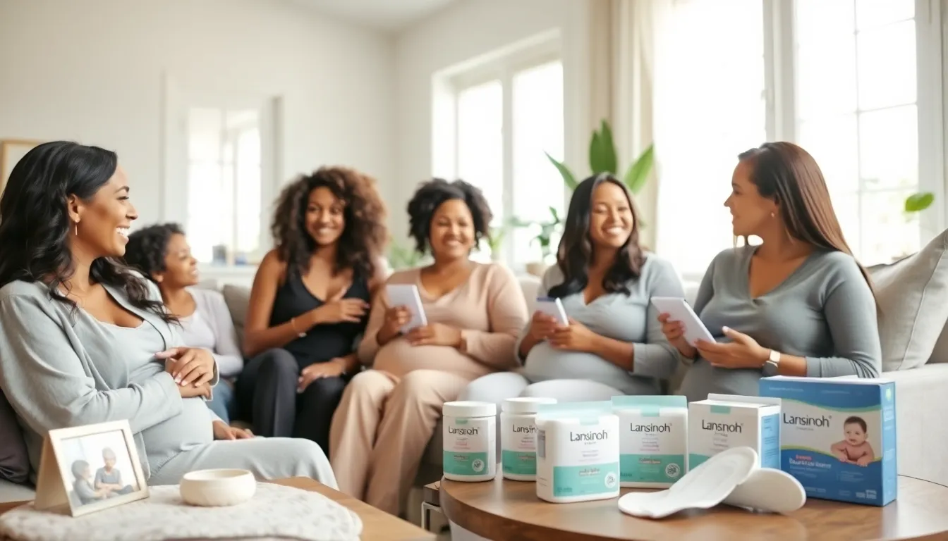 new mothers discussing postpartum recovery with Lansinoh products.
