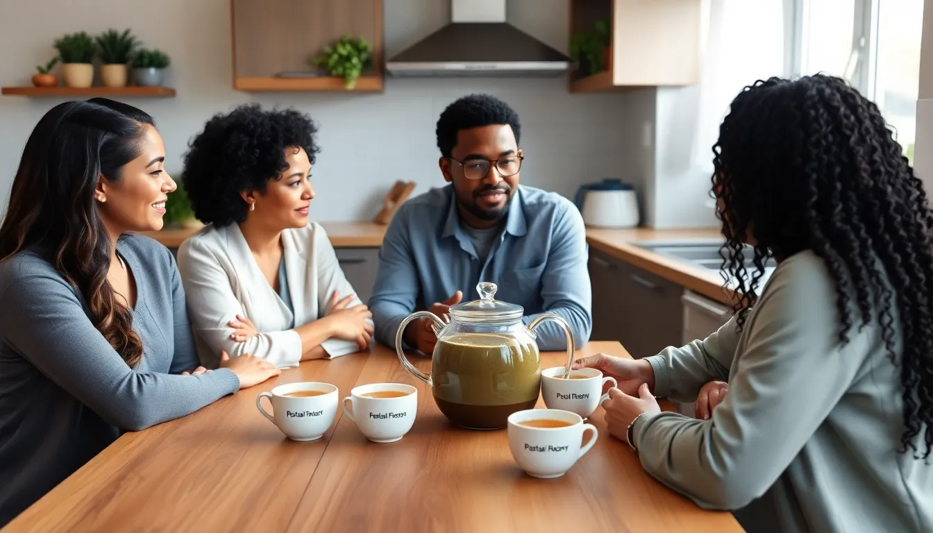 diverse team discussing postpartum recovery tea in a modern kitchen.